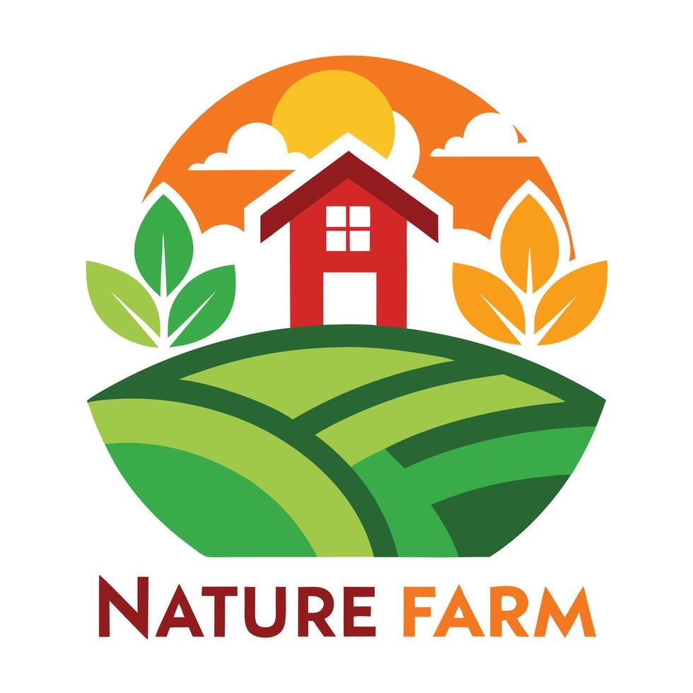 Nature Farm Logo Icon Farmhouse Silhouette, Green Fields, Sunrise, Leaves, Circle vector