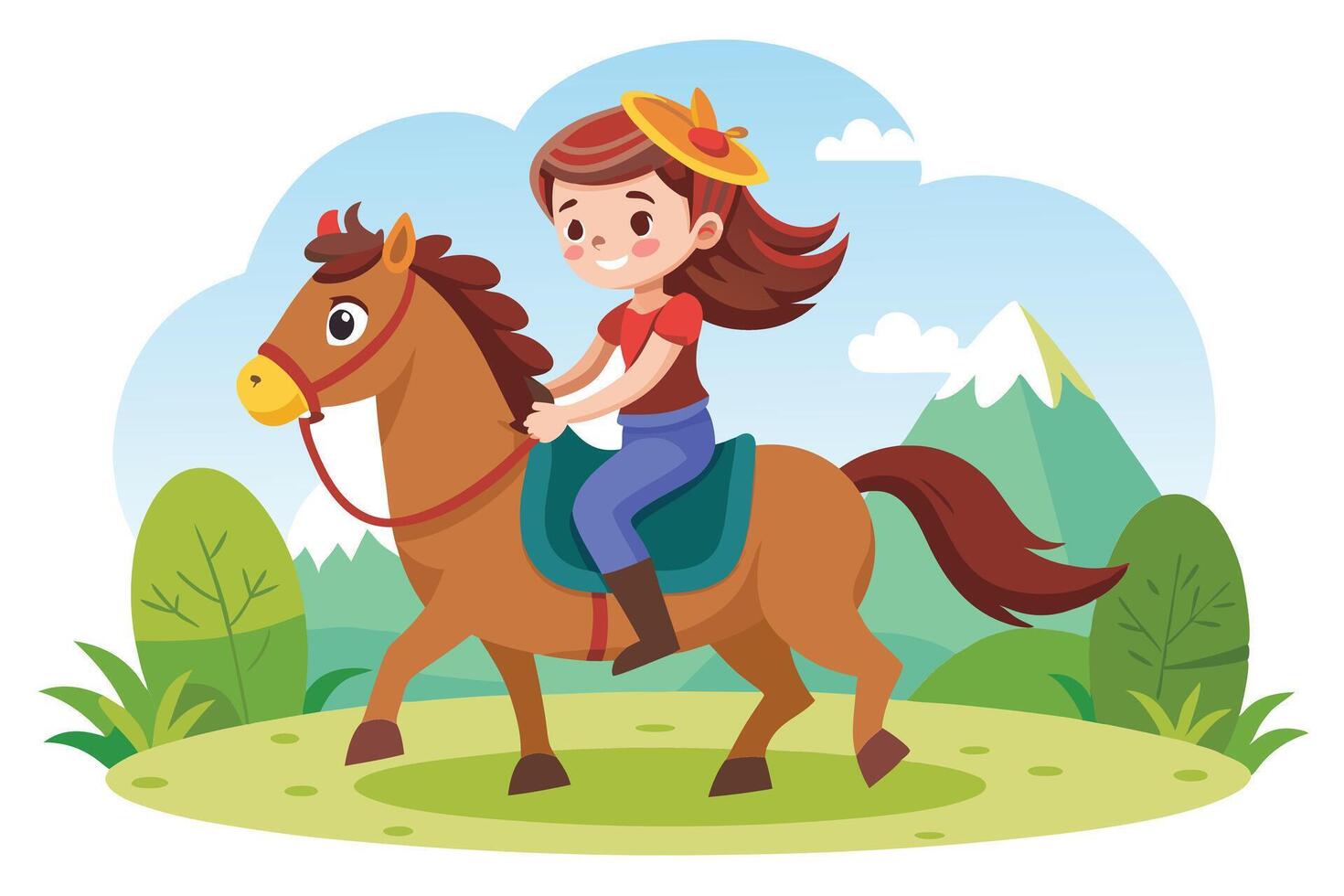 Cartoon Girl Riding a Horse in Nature with Mountains and Trees on White Background vector
