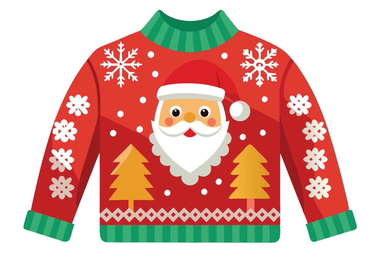 Ugly Holiday Sweater with Santa Claus, Snowflakes, and Christmas Trees on White vector