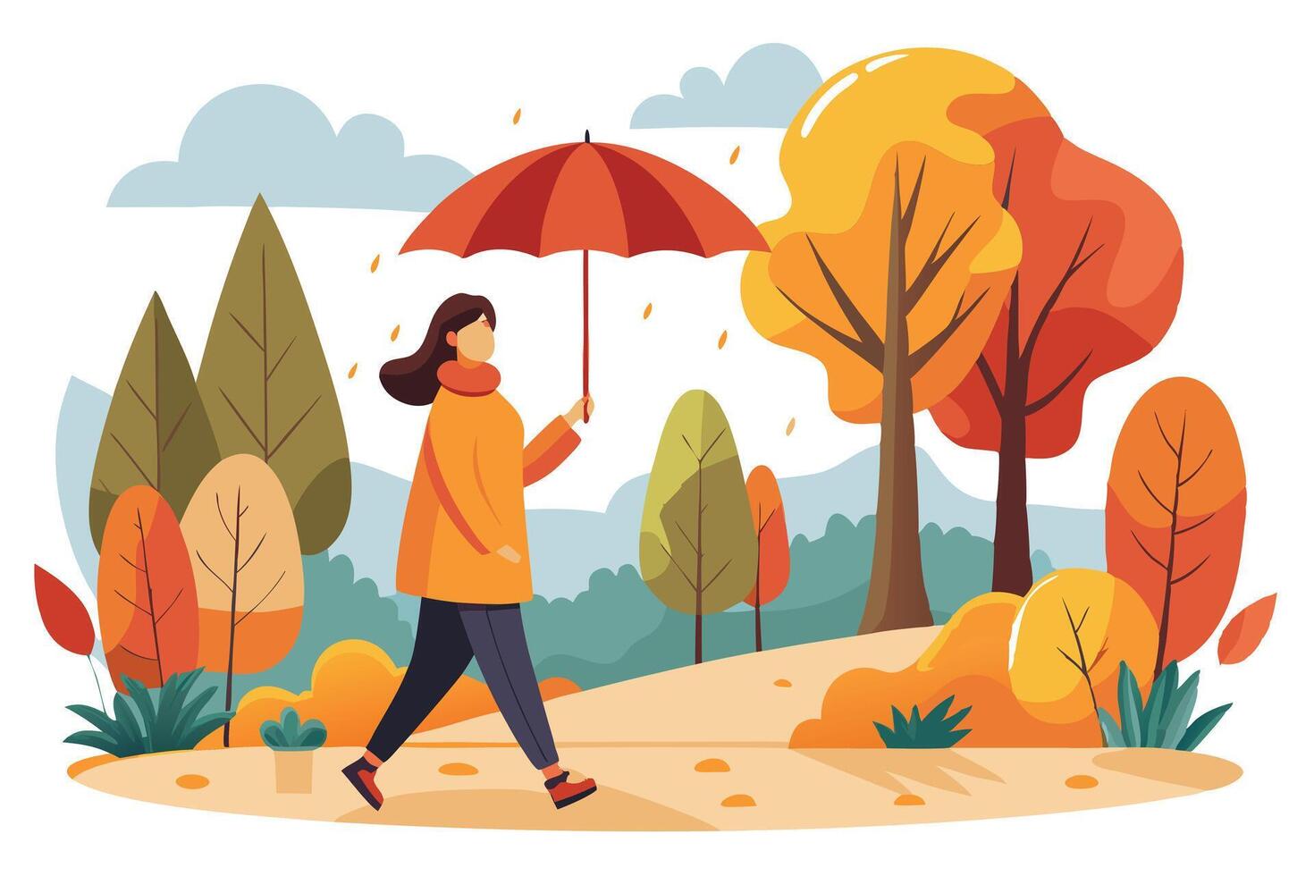 Autumnal Stroll Flat Woman with Umbrella Walking in Autumnal Forest vector