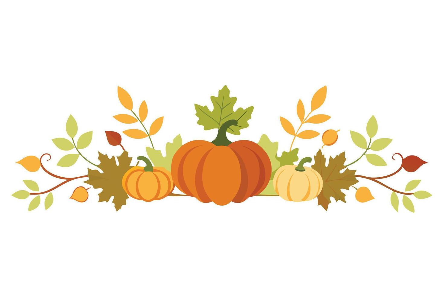 Pumpkins and Autumn Leaves Arrangement on a White Background vector
