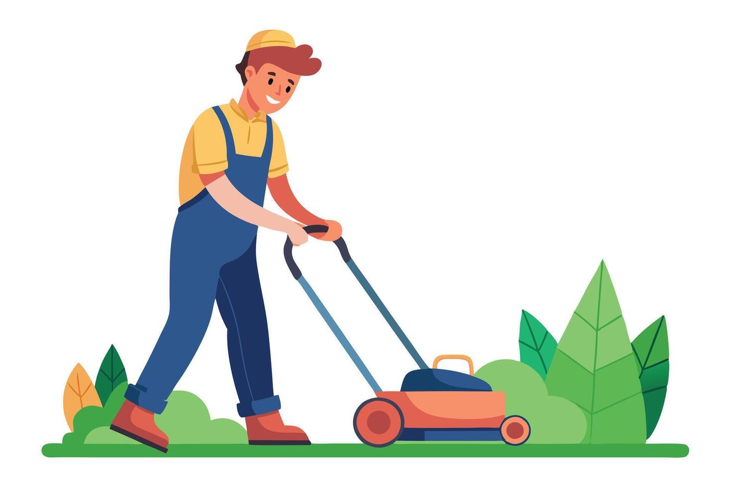 Cheerful Man Mowing Grass With Lawn Mower In Yard With Leaves On White Background vector