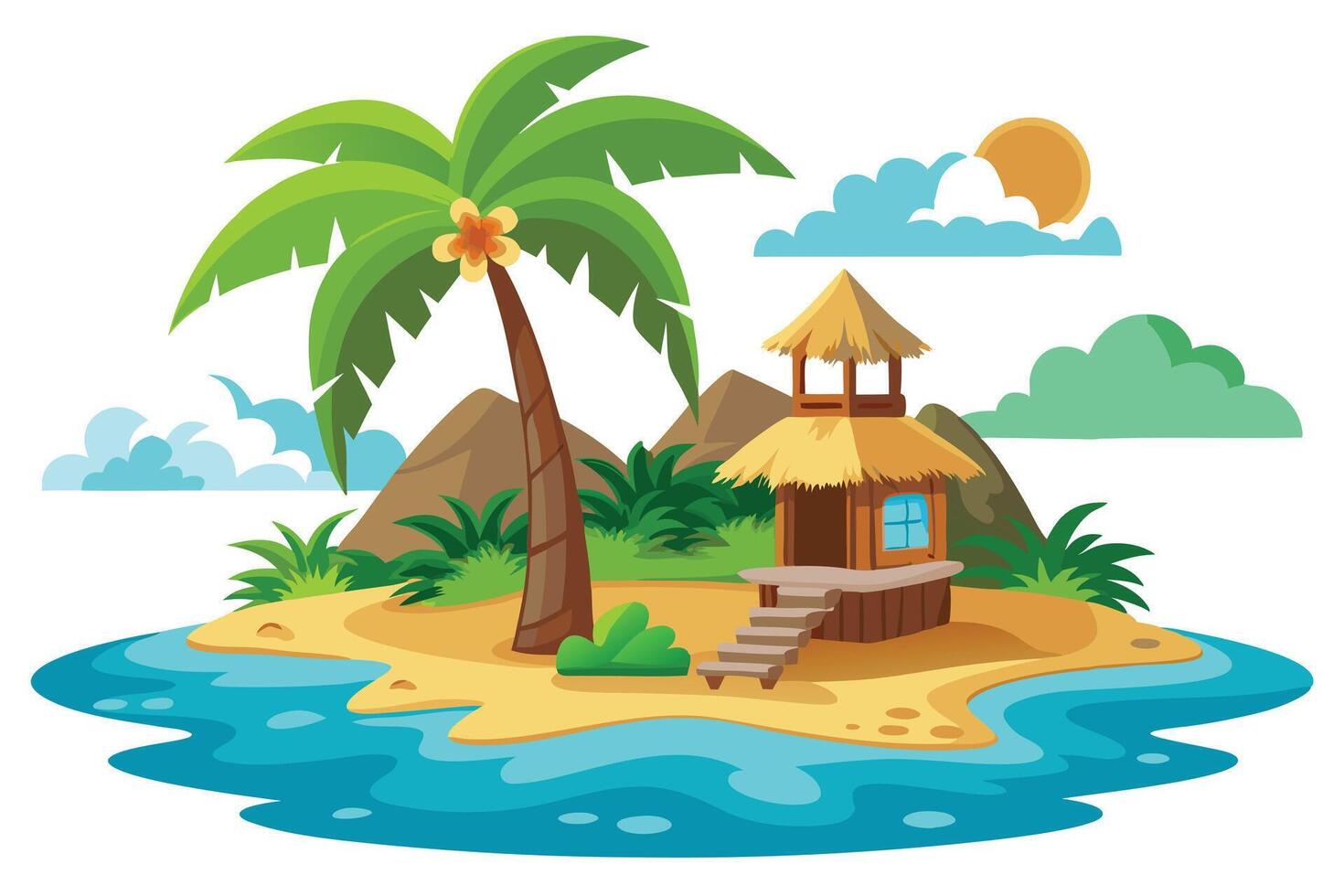 Tropical Island Cartoon Palm Tree, Beach, Hut, Sea, and Sun against White Background vector