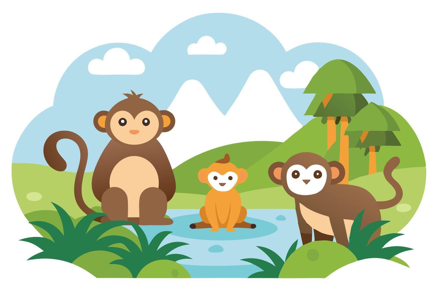 Three Cute Monkeys in Jungle Landscape Flat Design on Transparent Background vector