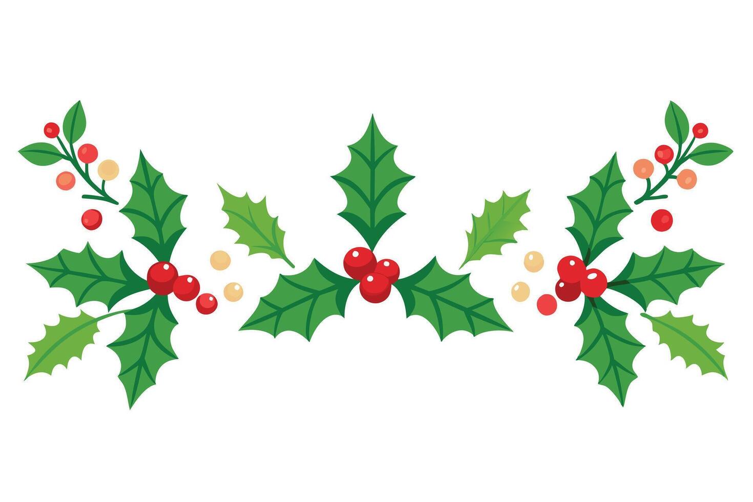 Flat Holly Berry Garland, Green Leaves and Red Berries, Festive Holiday Plant on White vector