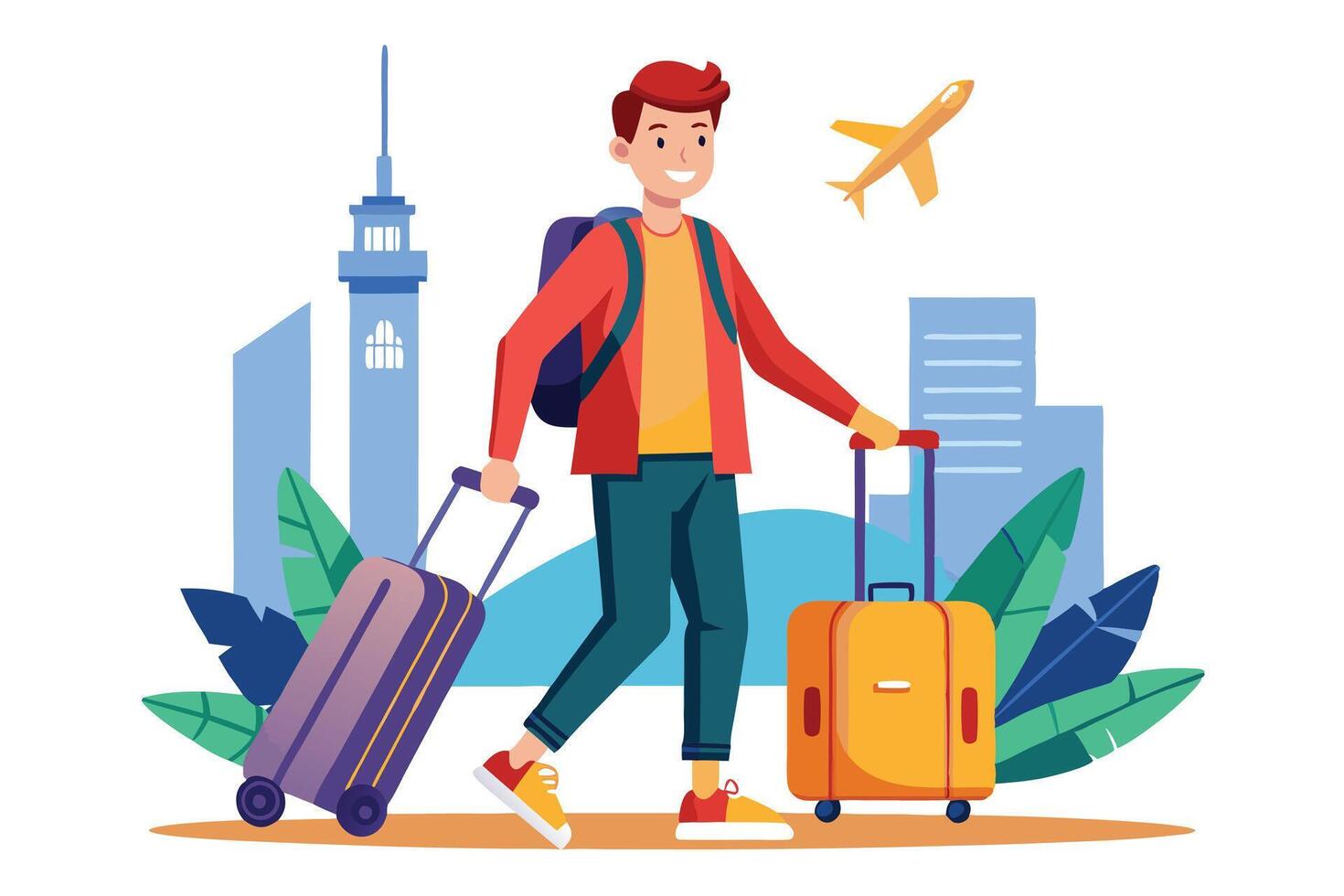 Cheerful Man with Luggage in Cartoon Style Amidst Buildings on White Background vector