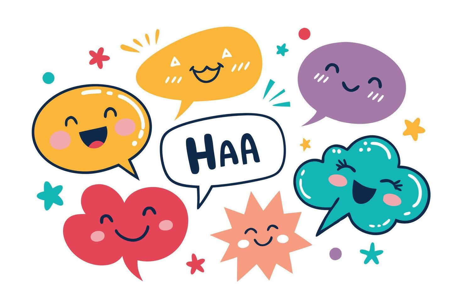 Cartoon Speech Bubbles with Smiling Faces and Shapes on White Background vector