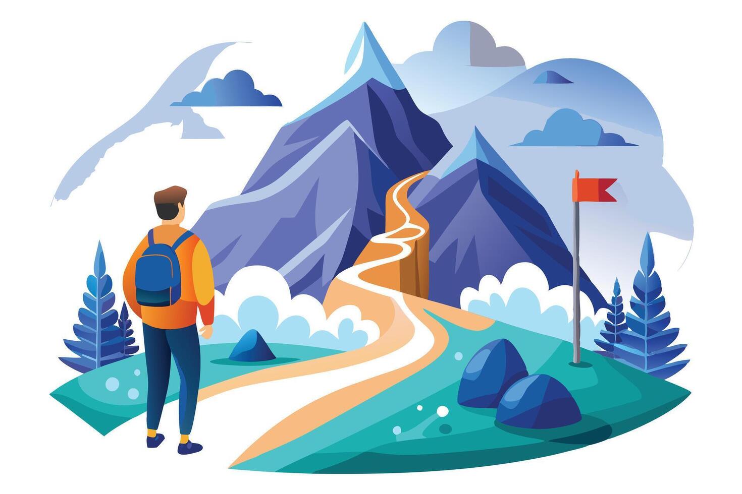 Backpacker's Journey to Mountain Peak with Scenic Trail and Flag Design vector