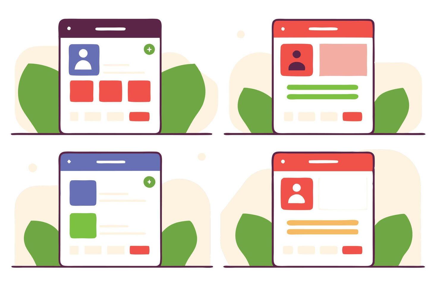 Four Flat Web App Mockups with Leaf Accent on a White Background in Cartoon Style vector