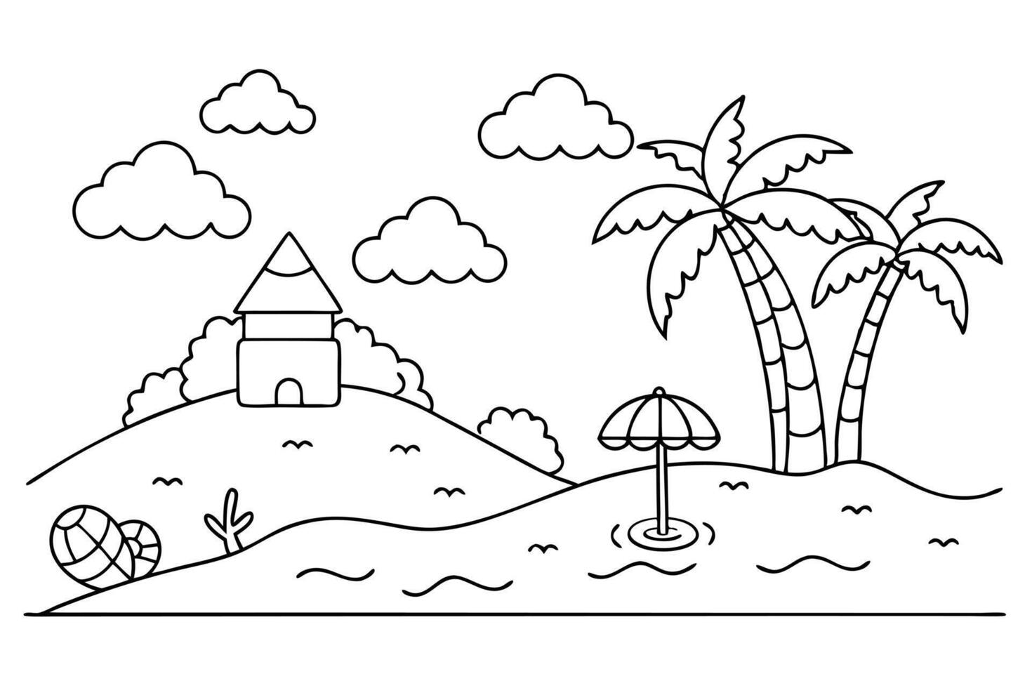 Black Line Drawing Tropical Beach Landscape with Palm Trees and Boat Outline vector