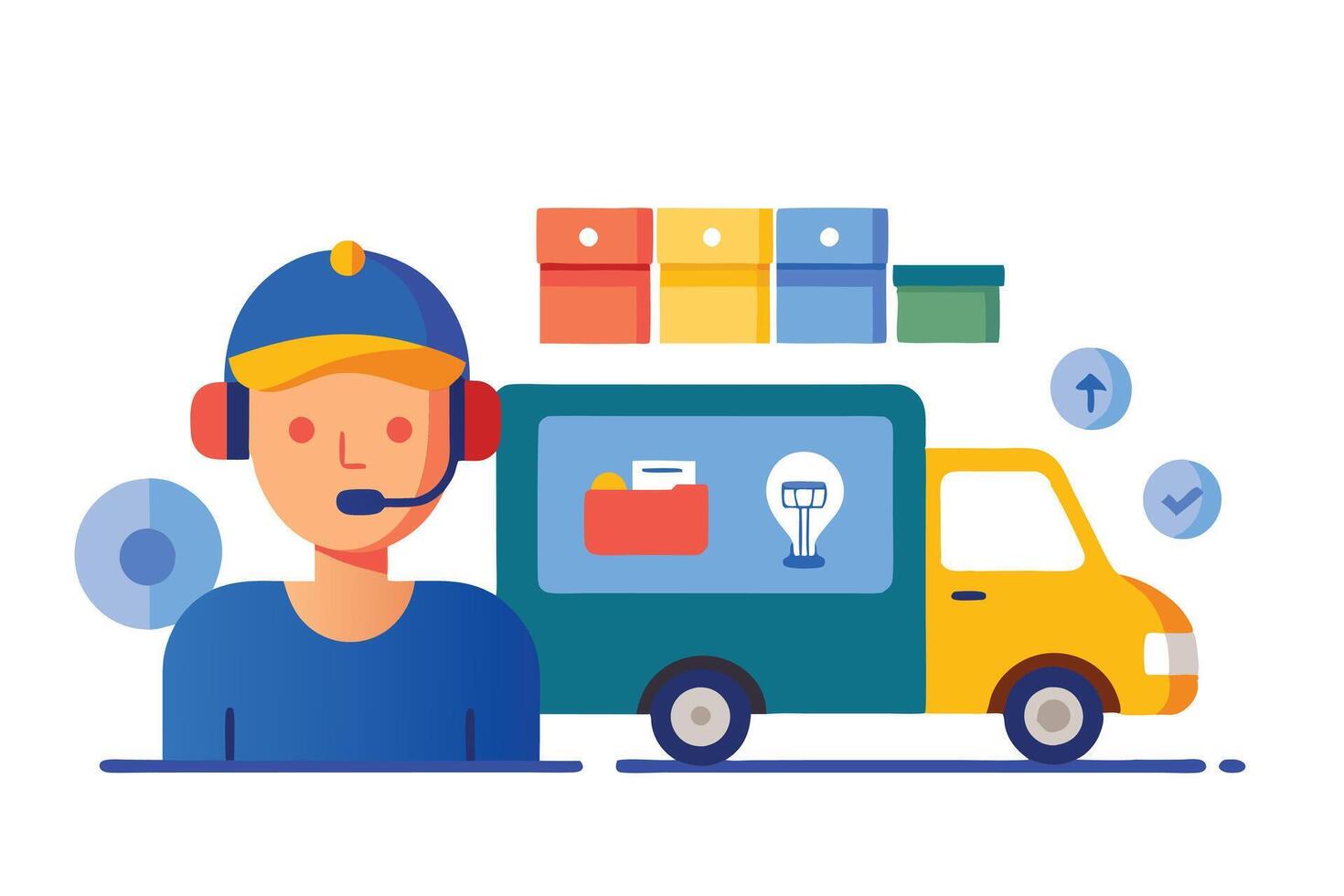 Young Man with Headset, Delivery Truck, Idea Lightbulb, Boxes in White Background vector