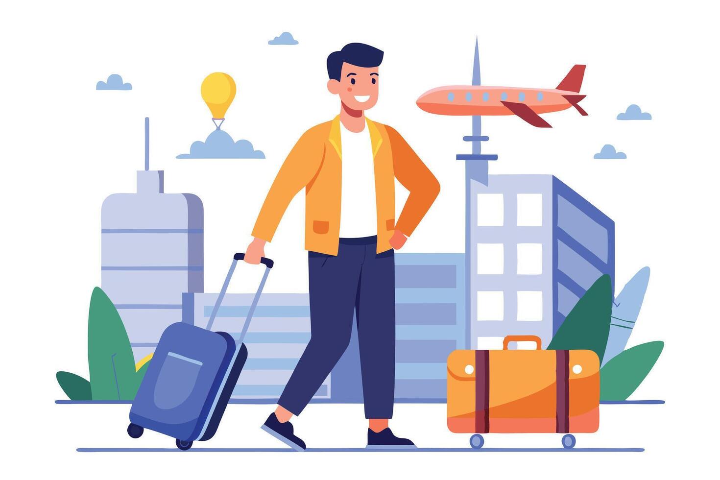 Smiling Man Pulling Suitcase with Airport Plane Building on White Background vector