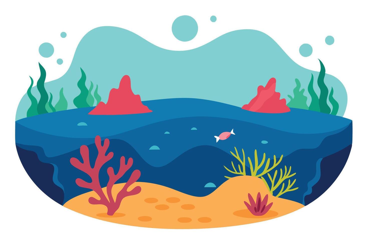 Flat Design Ocean with Coral Reef, Fish, Seaweed and Sand in Cartoon Style vector
