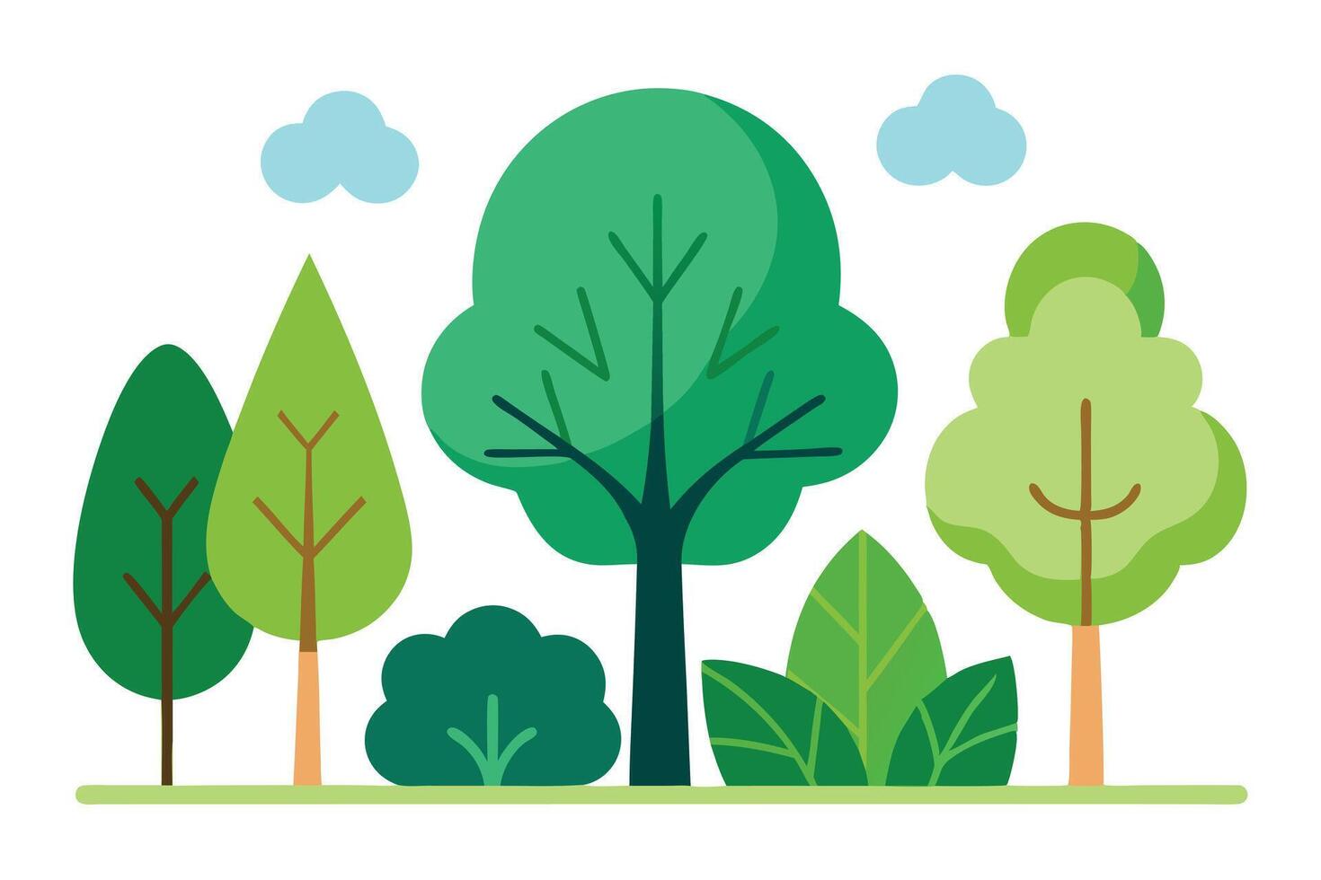 Green Cartoon Trees and Blue Clouds on a White Background Design vector