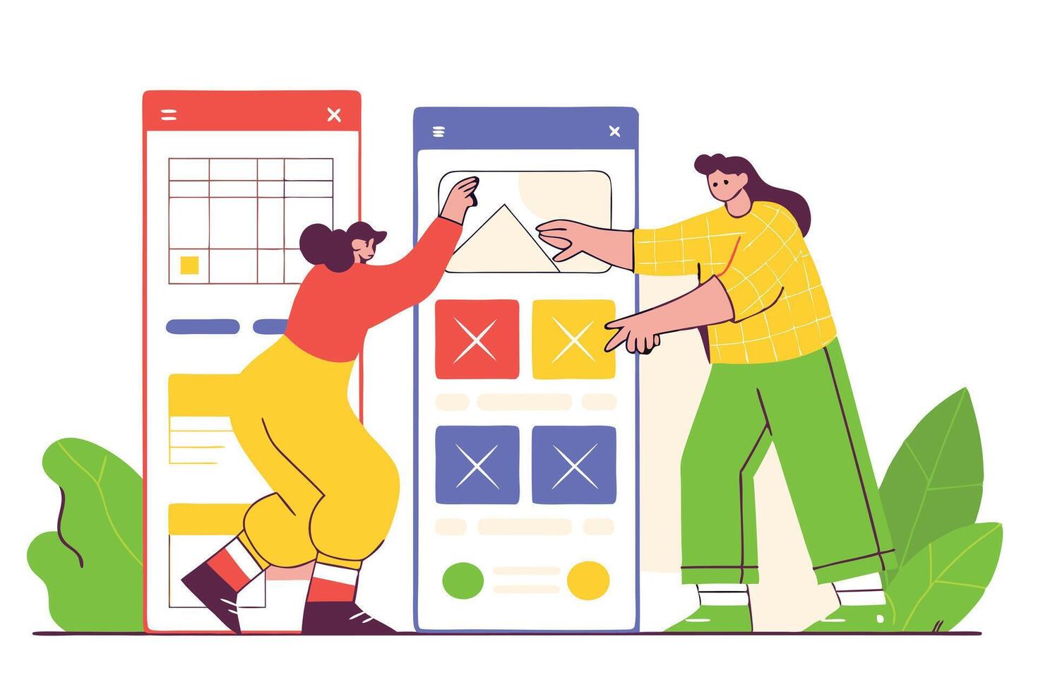 Two People with Mobile User Interface on White Background vector