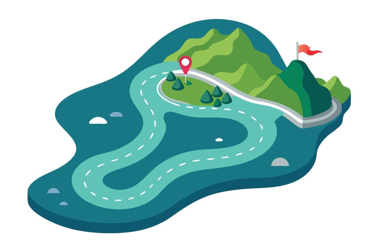 Route on an Island with Flag, Mountains and Trees on White vector
