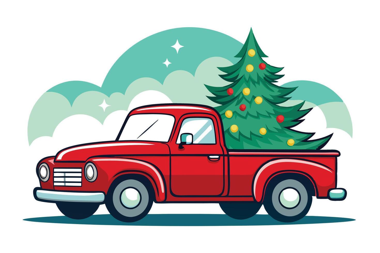 Red Cartoon Truck Carrying Decorated Christmas Tree with Ornaments and Turquoise Clouds vector