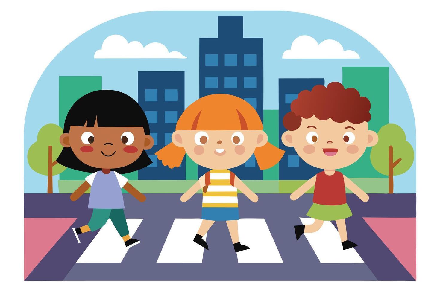 Cheerful Cartoon Children Crossing Zebra Stripe Road Near City Buildings vector