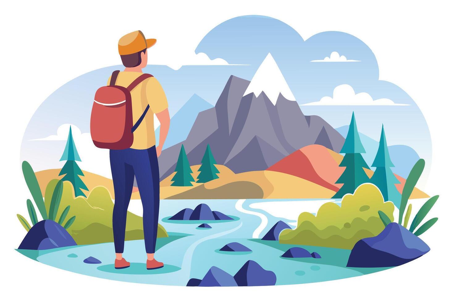 Backpacker Person with Red Backpack Viewing Nature Landscape vector