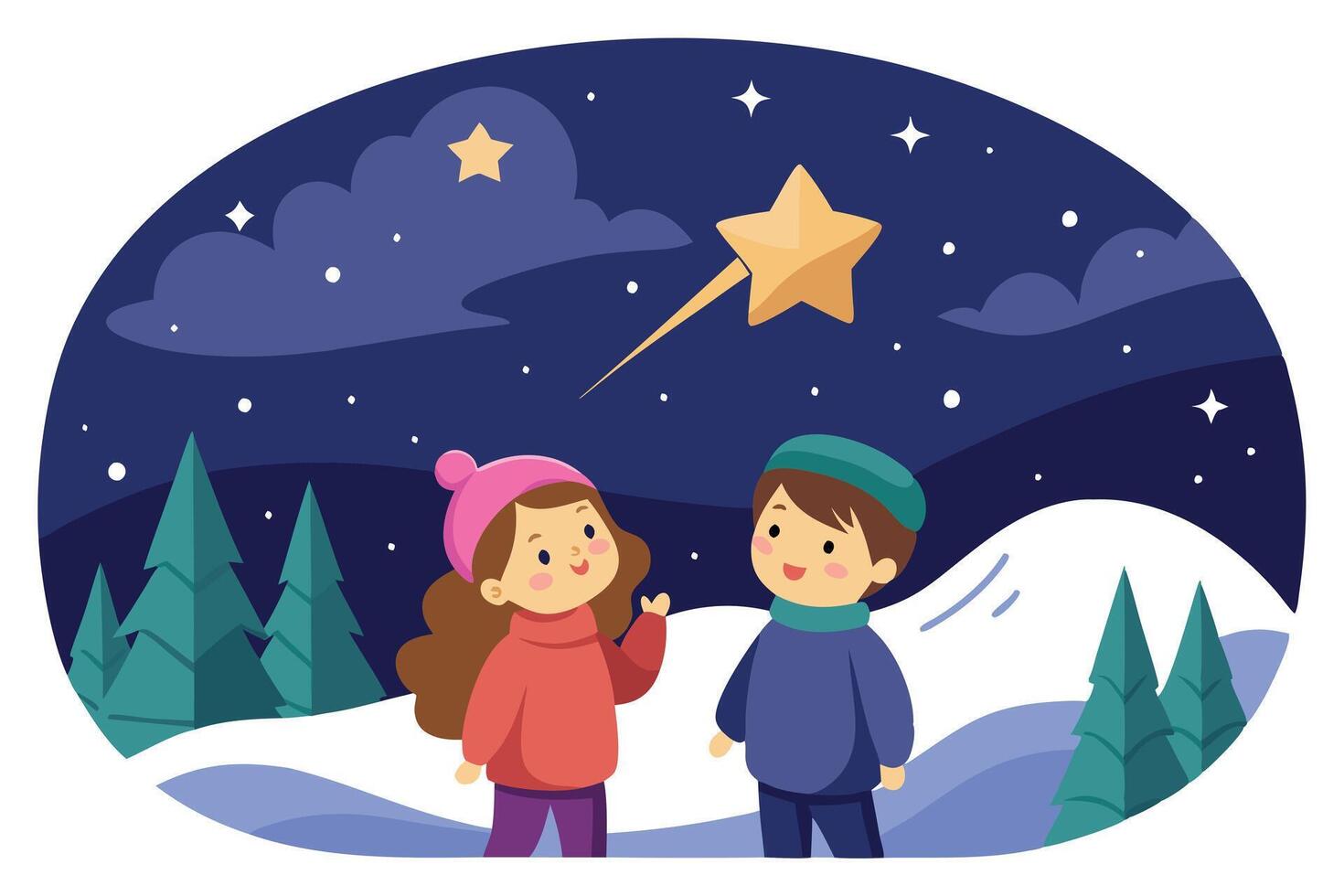 Cartoon Kids Stargazing at Night with Sparkling Star and Winter Landscape vector