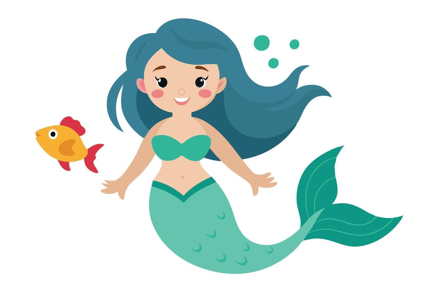 Cartoon Cute Smiling Mermaid with Teal Hair and Fin, Swimming With Small Fish vector
