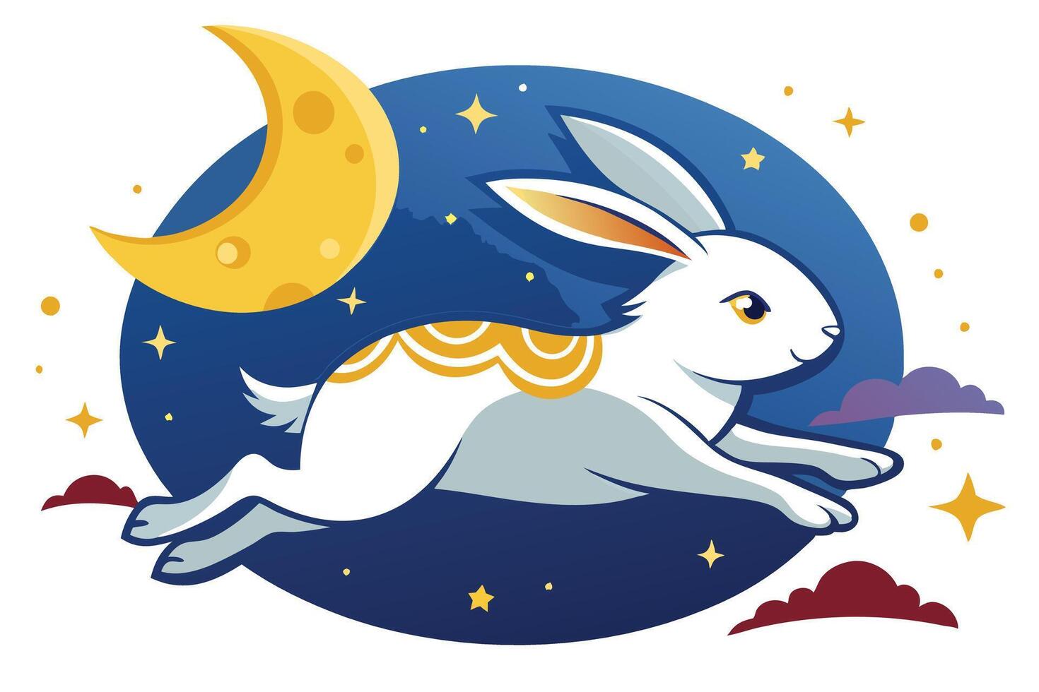 Cartoon Leaping Rabbit With Moon, Stars And Clouds On Transparent Background vector