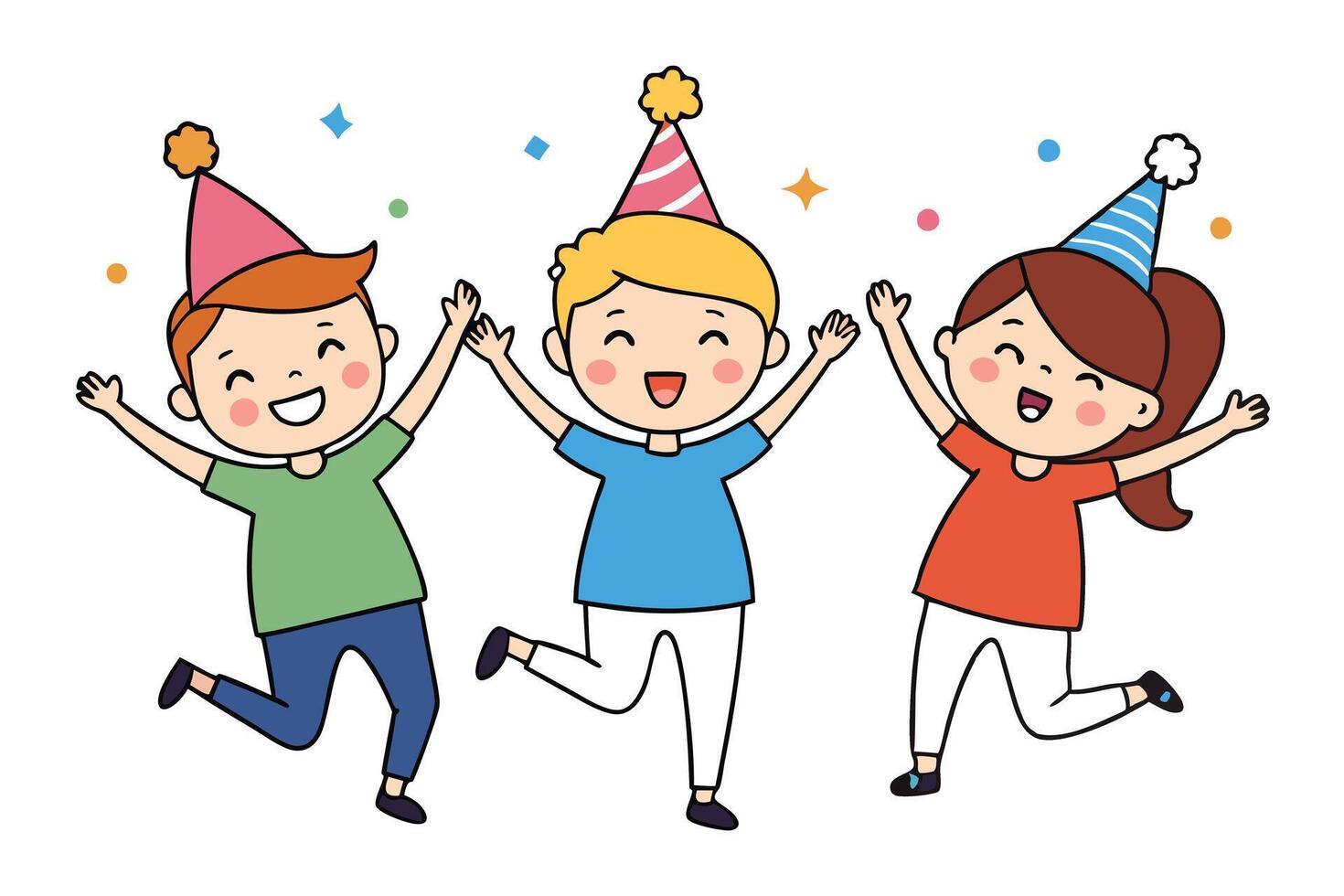 Cheerful Cartoon Kids with Party Hats Jumping Joyfully on Transparent Background vector