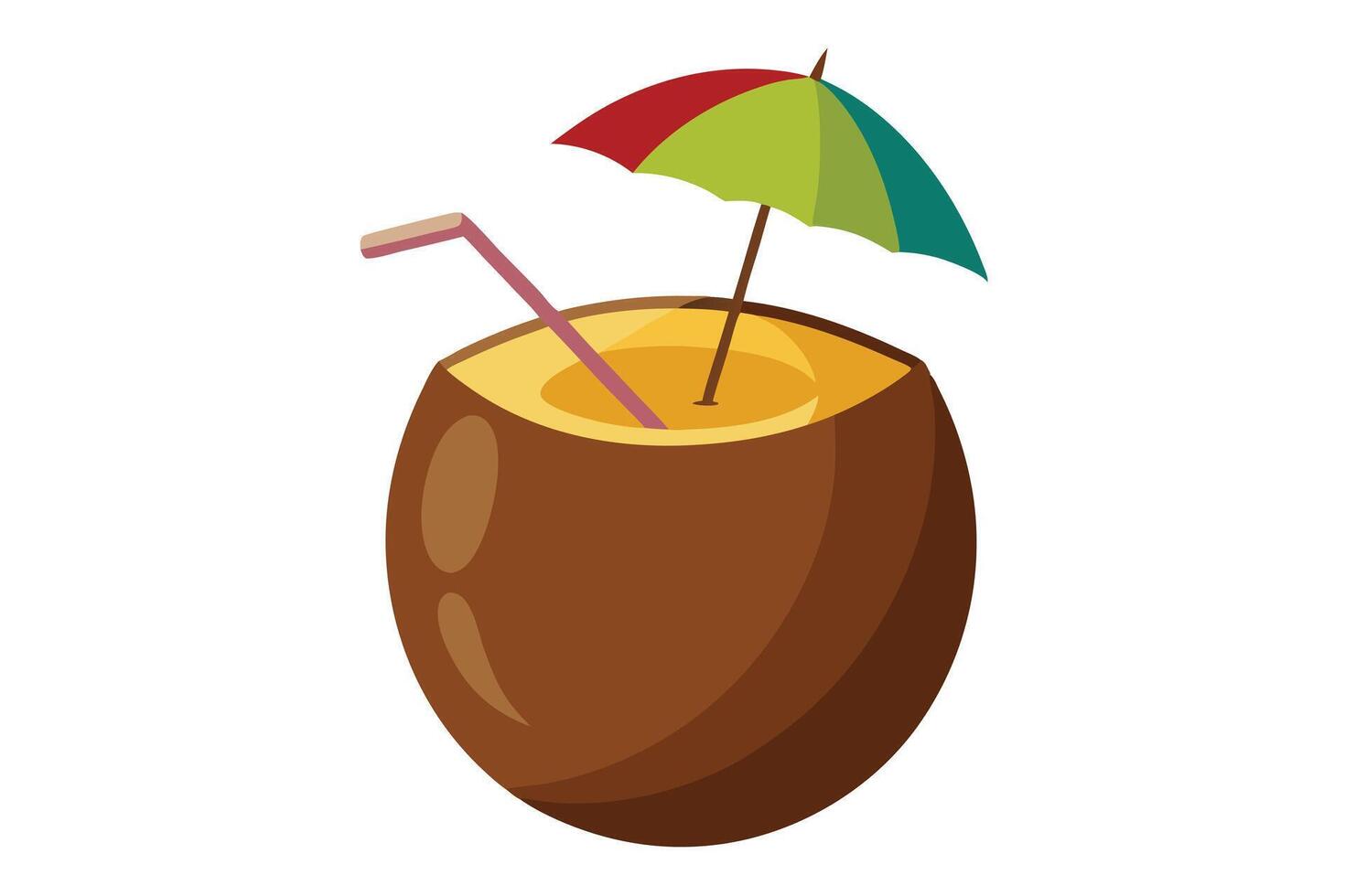 Cartoon Brown Coconut With Straw and Colorful Umbrella On Isolated White vector
