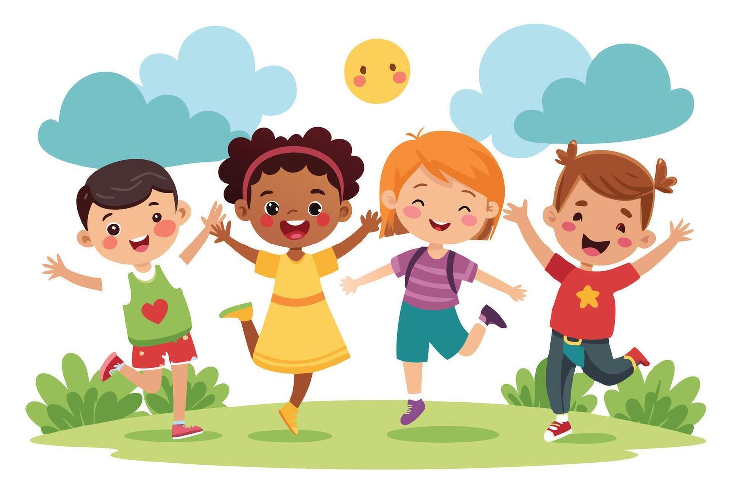 Joyful Cartoon Kids Jumping with Happiness on Green Grass and White Background vector