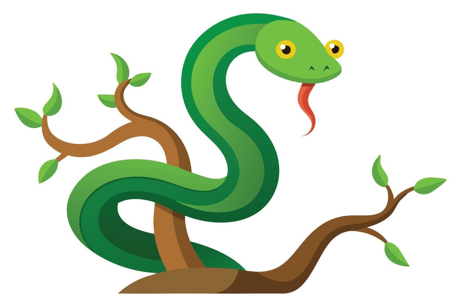 Cartoon Green Snake Wrapped Around Tree Branch with Leaves Isolated on White vector