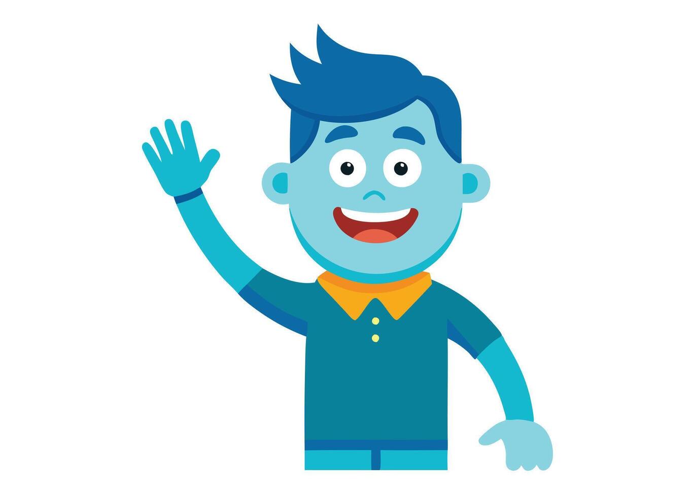 Cheerful Blue Cartoon Character with Waving Hand on Transparent Background vector