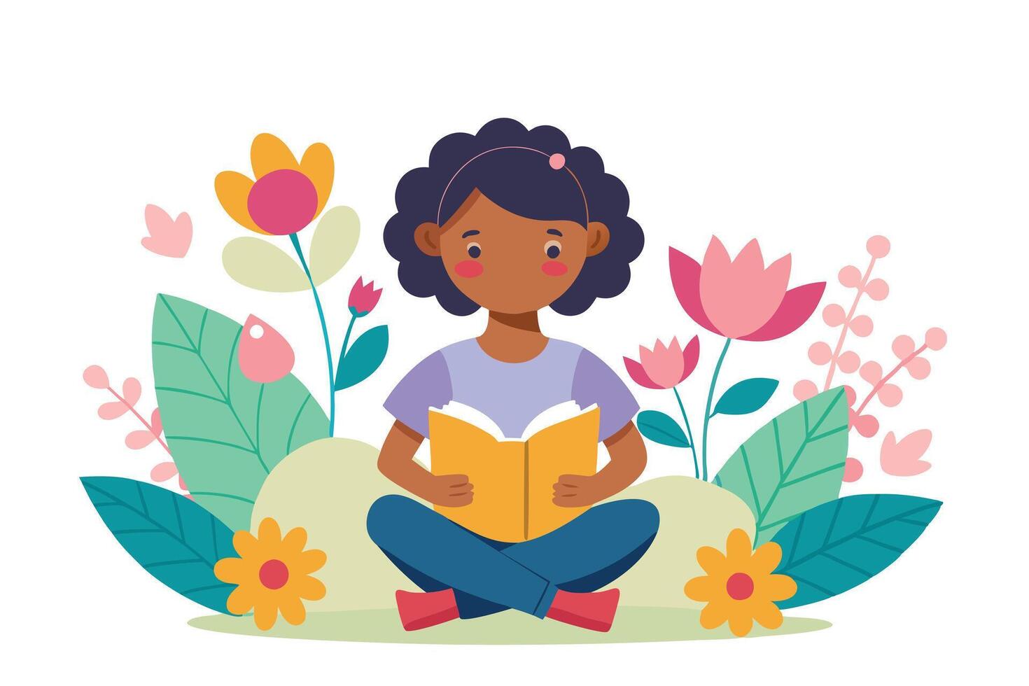 Afro Girl Reading Book with Floral Elements in Flat Design on White Background vector