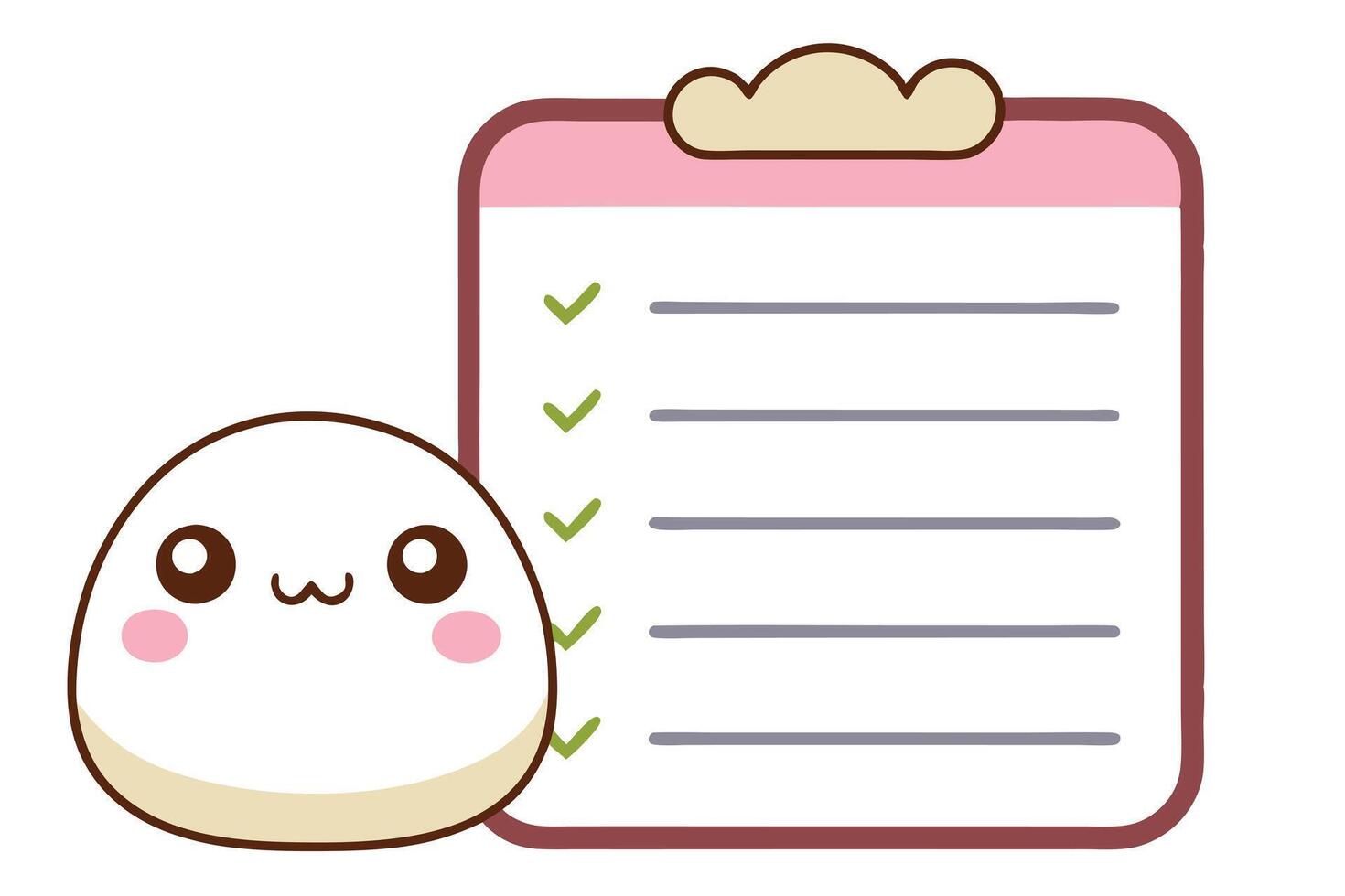 Kawaii ToDo List Clipboard with Checkmarks and Cute Bean Character on White Background vector
