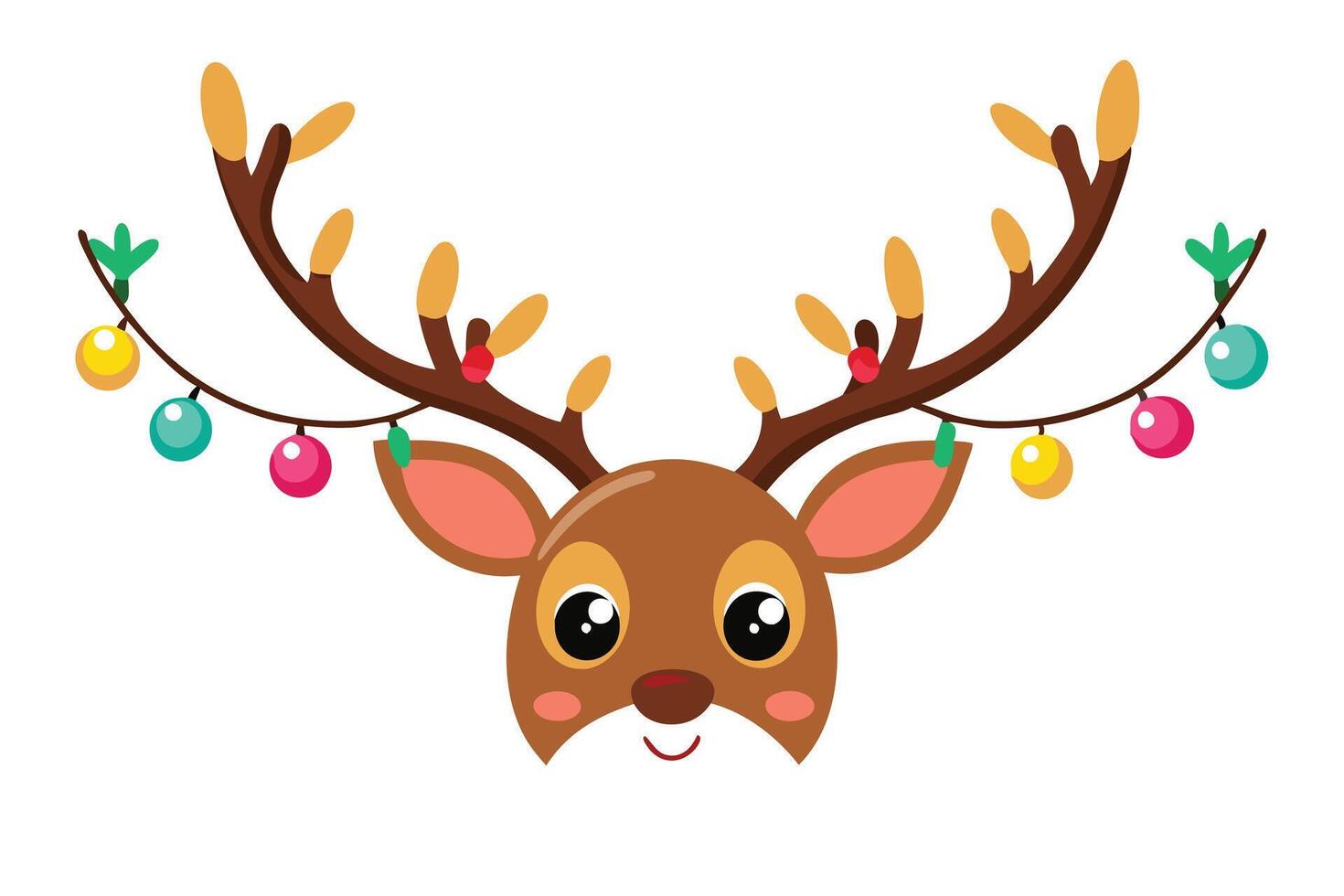 Cartoon Brown Reindeer Face with Antlers Decorated with Christmas Lights on White vector