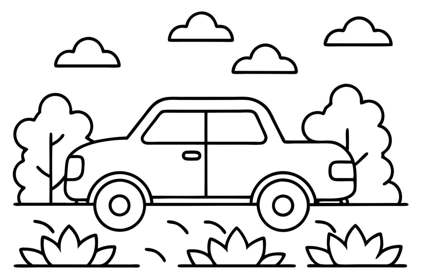 Outlined Car on White Background with Clouds and Trees Simple Black Icon vector