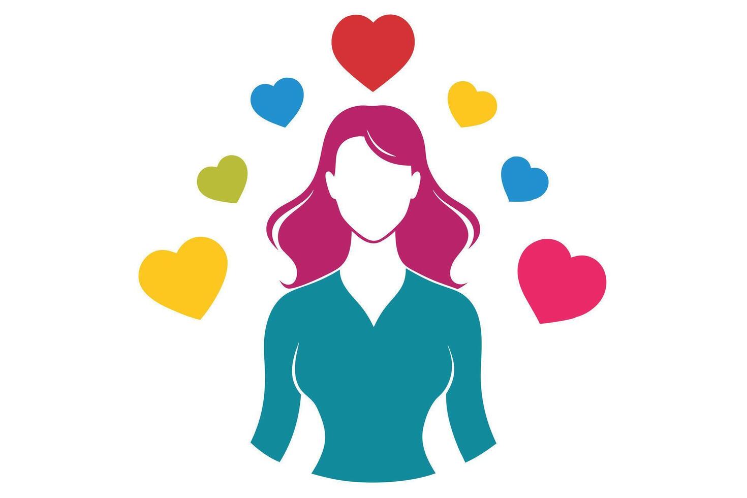 Woman Silhouette with Hearts around, magenta hair on white background vector