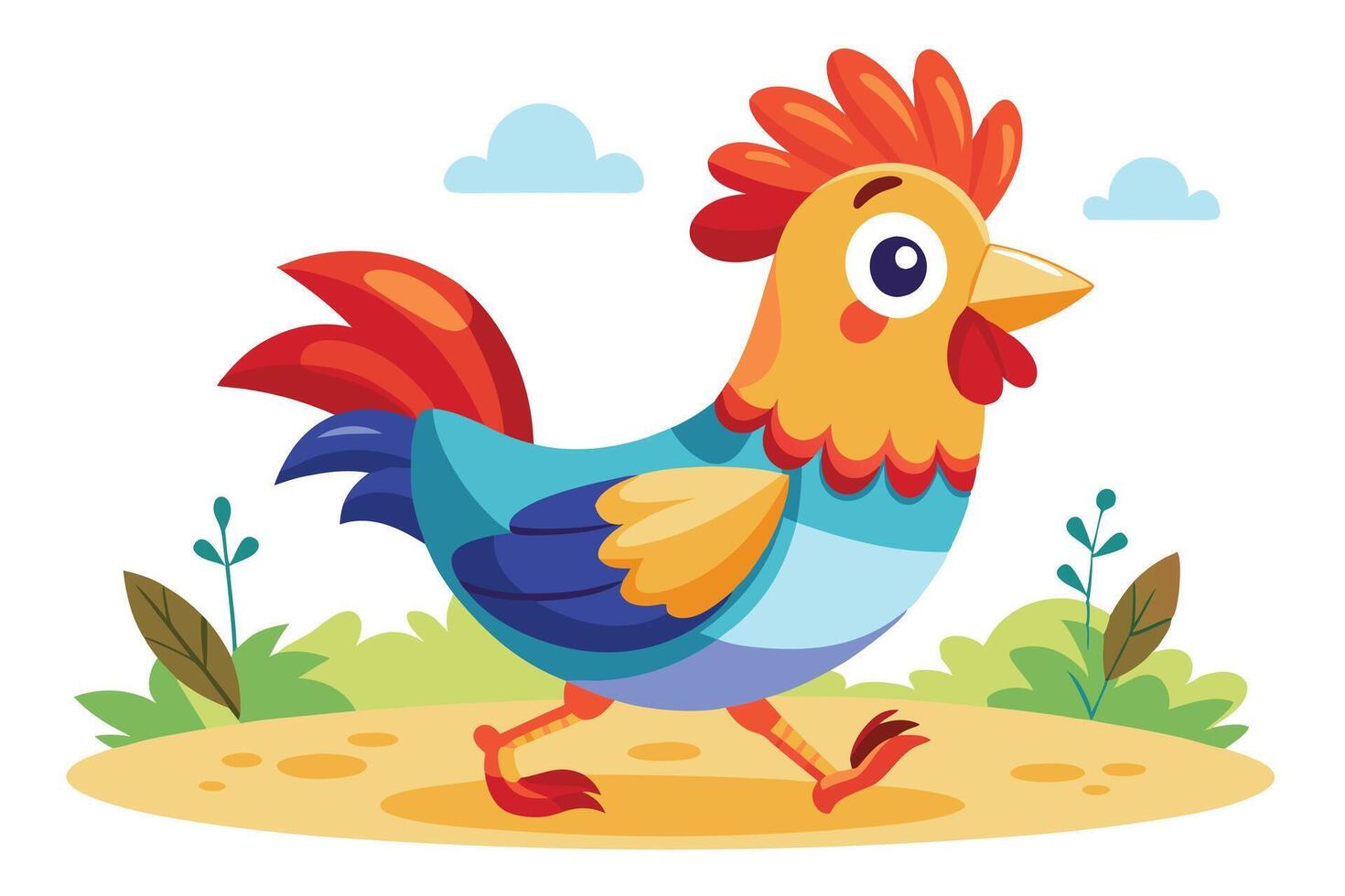 Cartoon Rooster Walking Outdoors Flat Colorful Bird Design vector