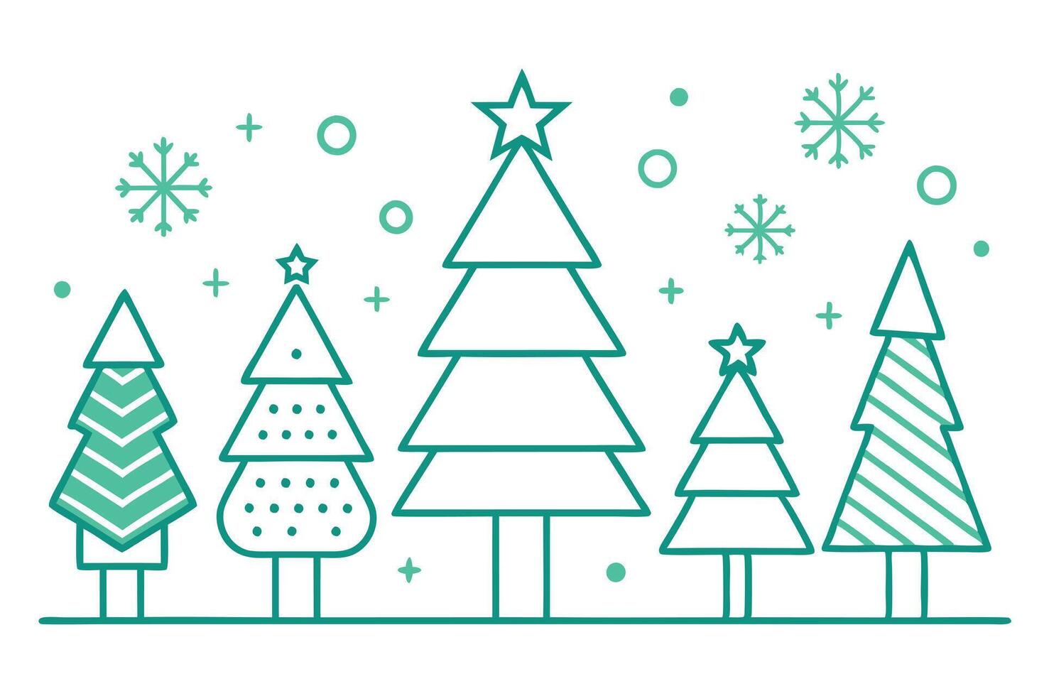 Teal Christmas Trees with Snowflakes and Geometric Shapes on White Background vector