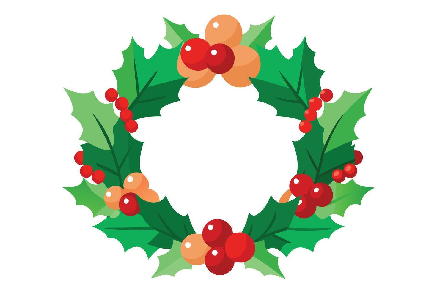 Stylized Holly Wreath with Red Berries and Tan Accents on Transparent Background vector