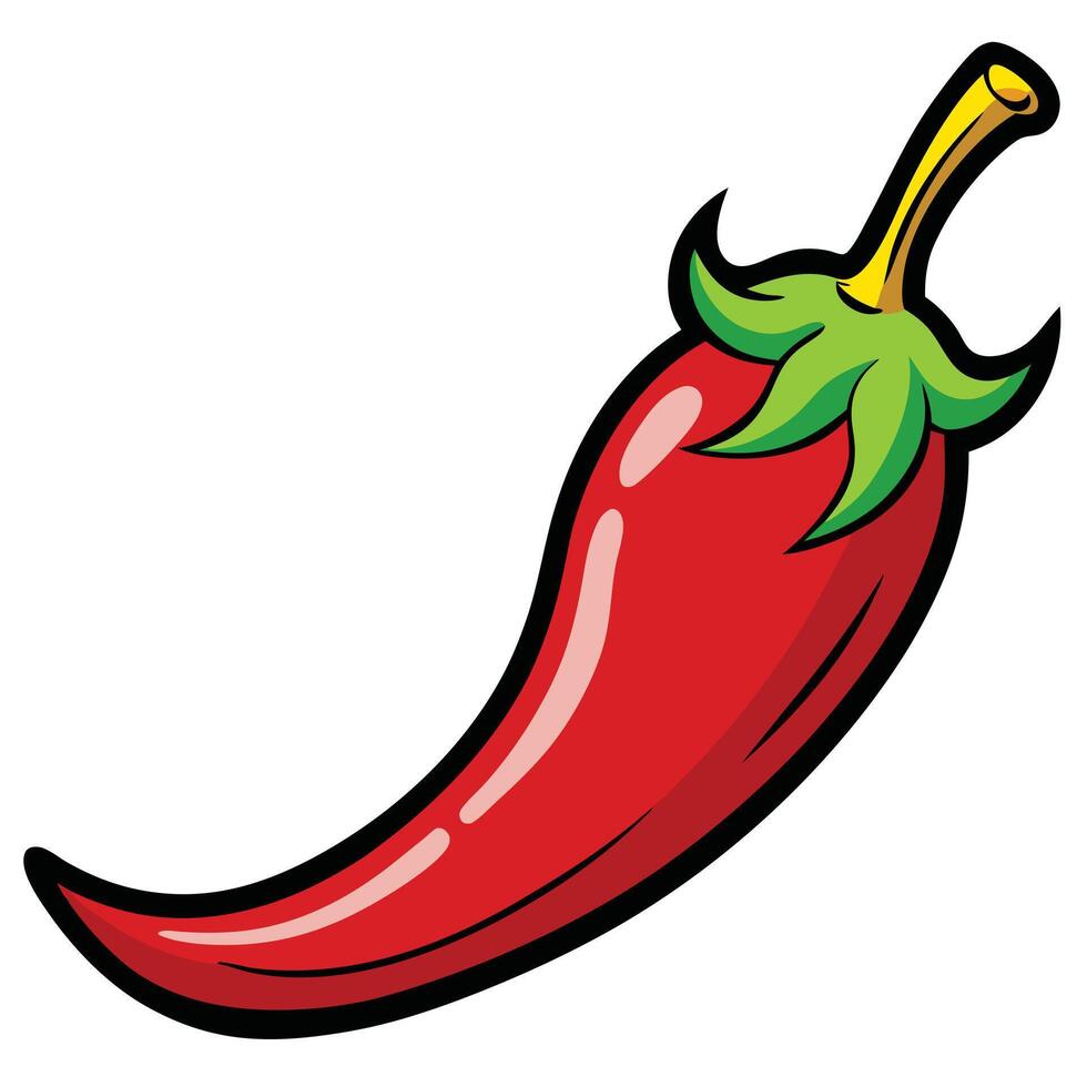 Isolated Red Chili Pepper with Black Outline, Vibrant Green Leaves and Yellow Stem vector