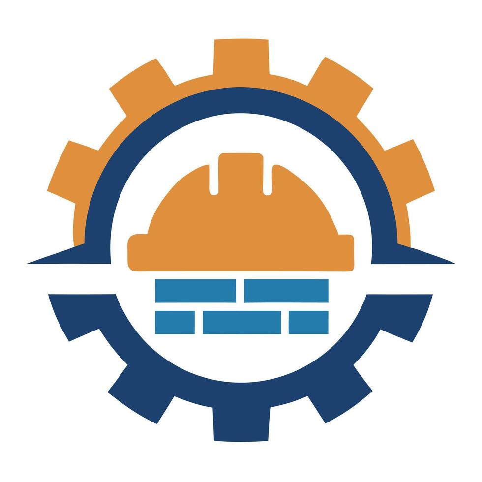 Orange Hardhat on Brick Wall within Blue Gear Shape Isolated on White Background vector