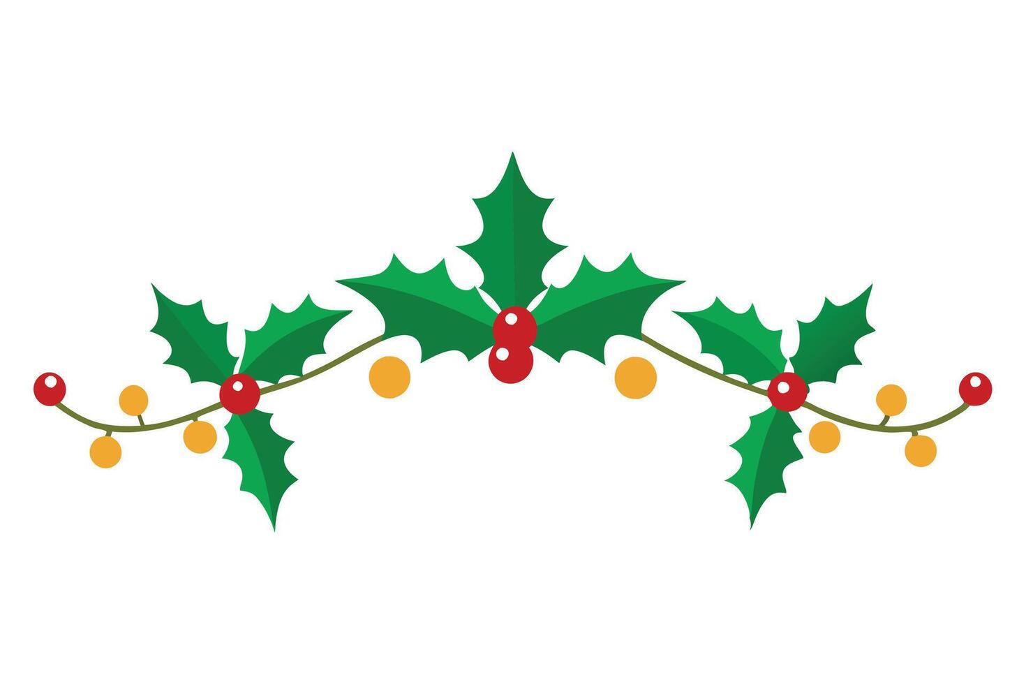 Holly Leaves and Berries Festive Border with Golden Ornaments on White Background vector