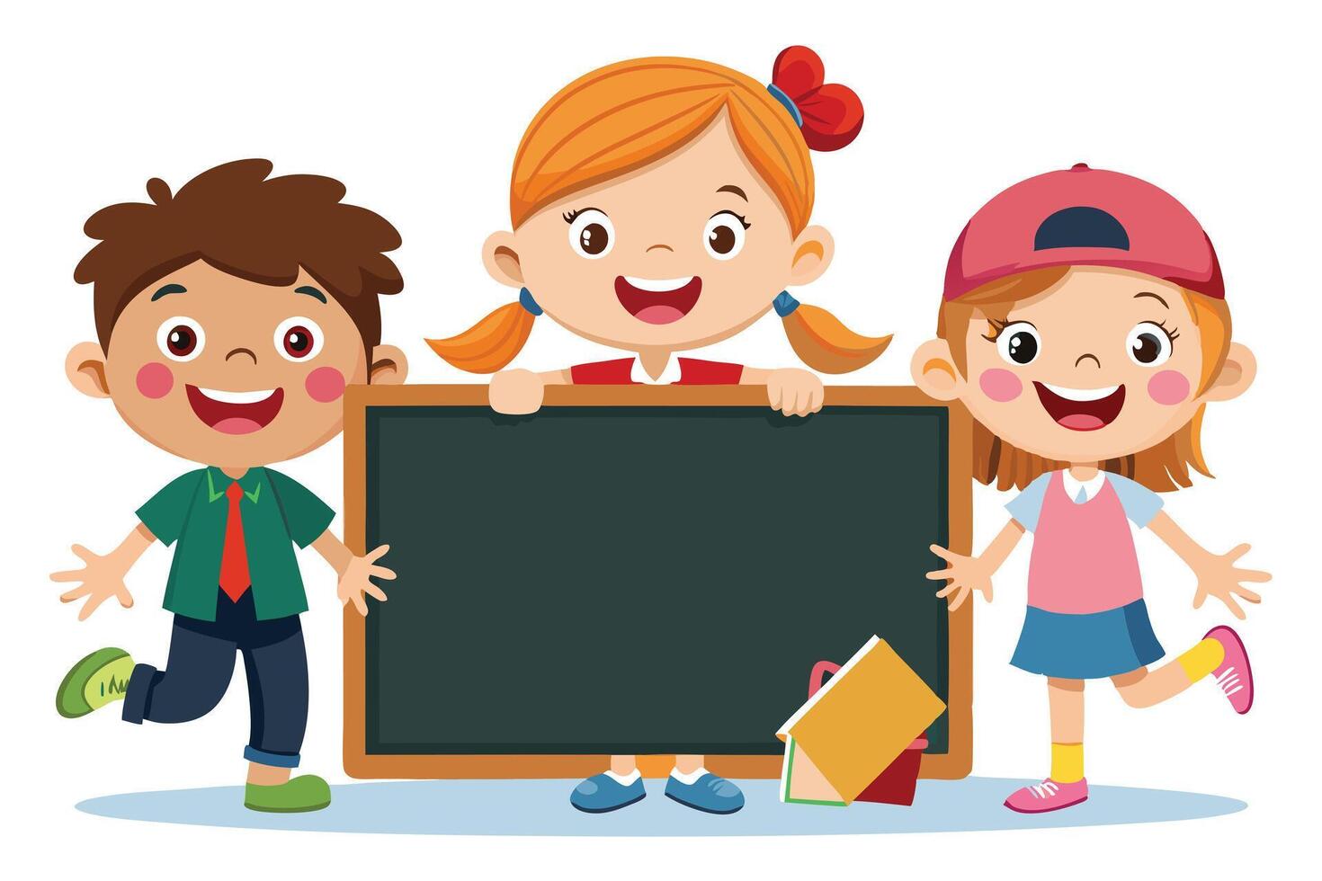 Cheerful Children Holding Blank Chalkboard, Boy Girl Smiling, Cartoon Illustration, vector
