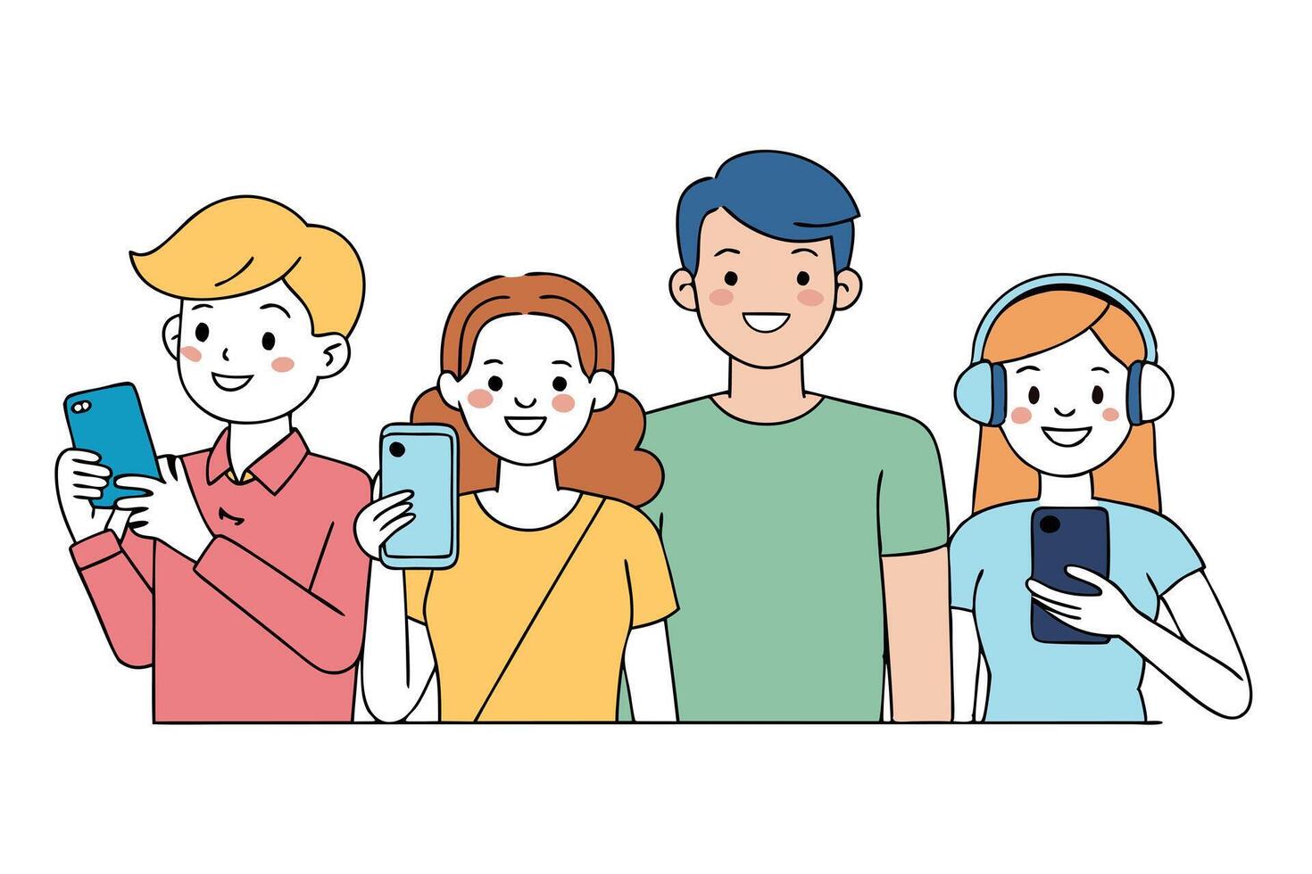 Group of Smiling Young People Holding Smartphones Cartoon on White Background vector