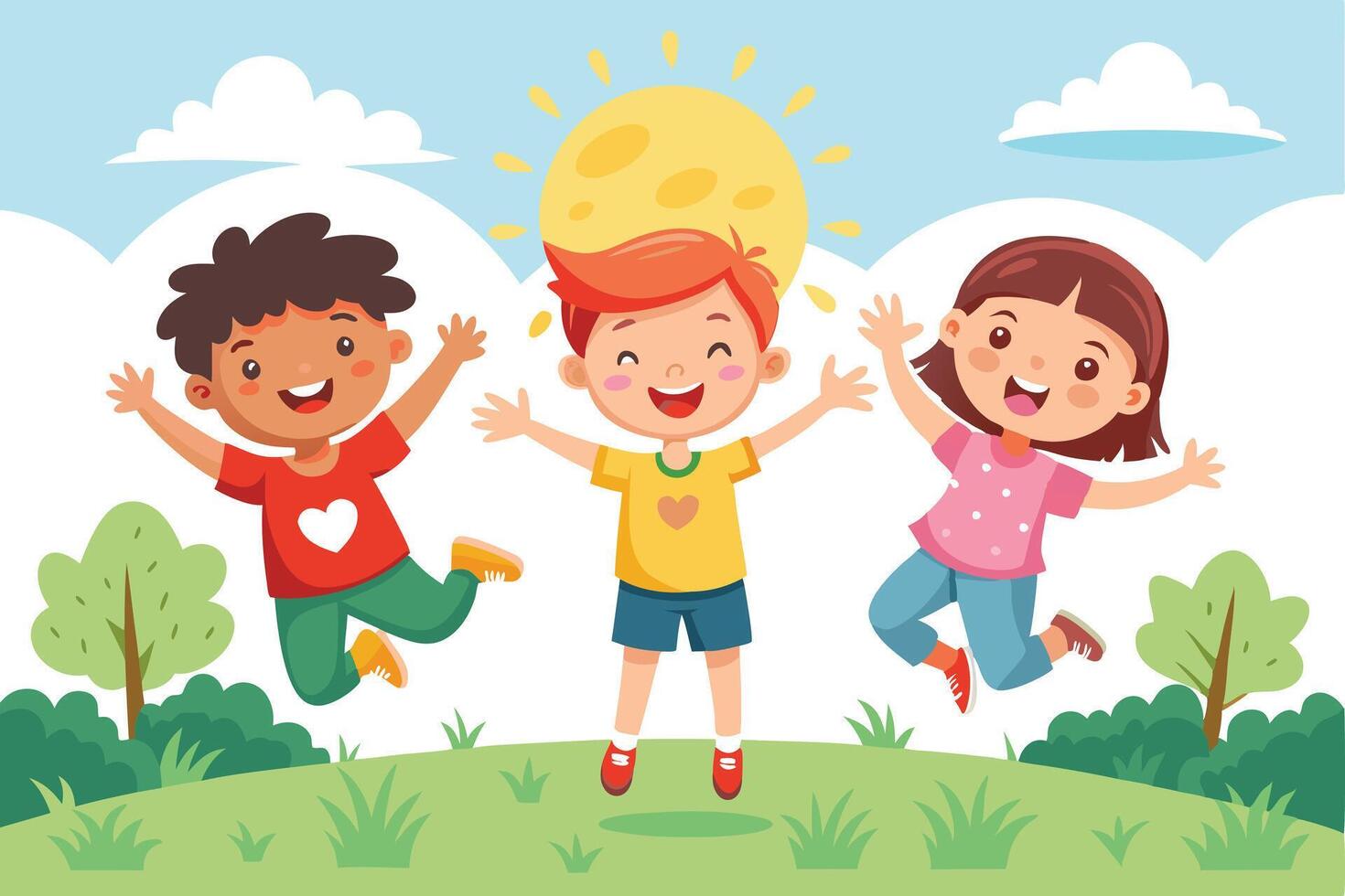 Cheerful Cartoon Kids Jumping Under a Sunny Sky, Expressing Joy and Friendship in Nature vector