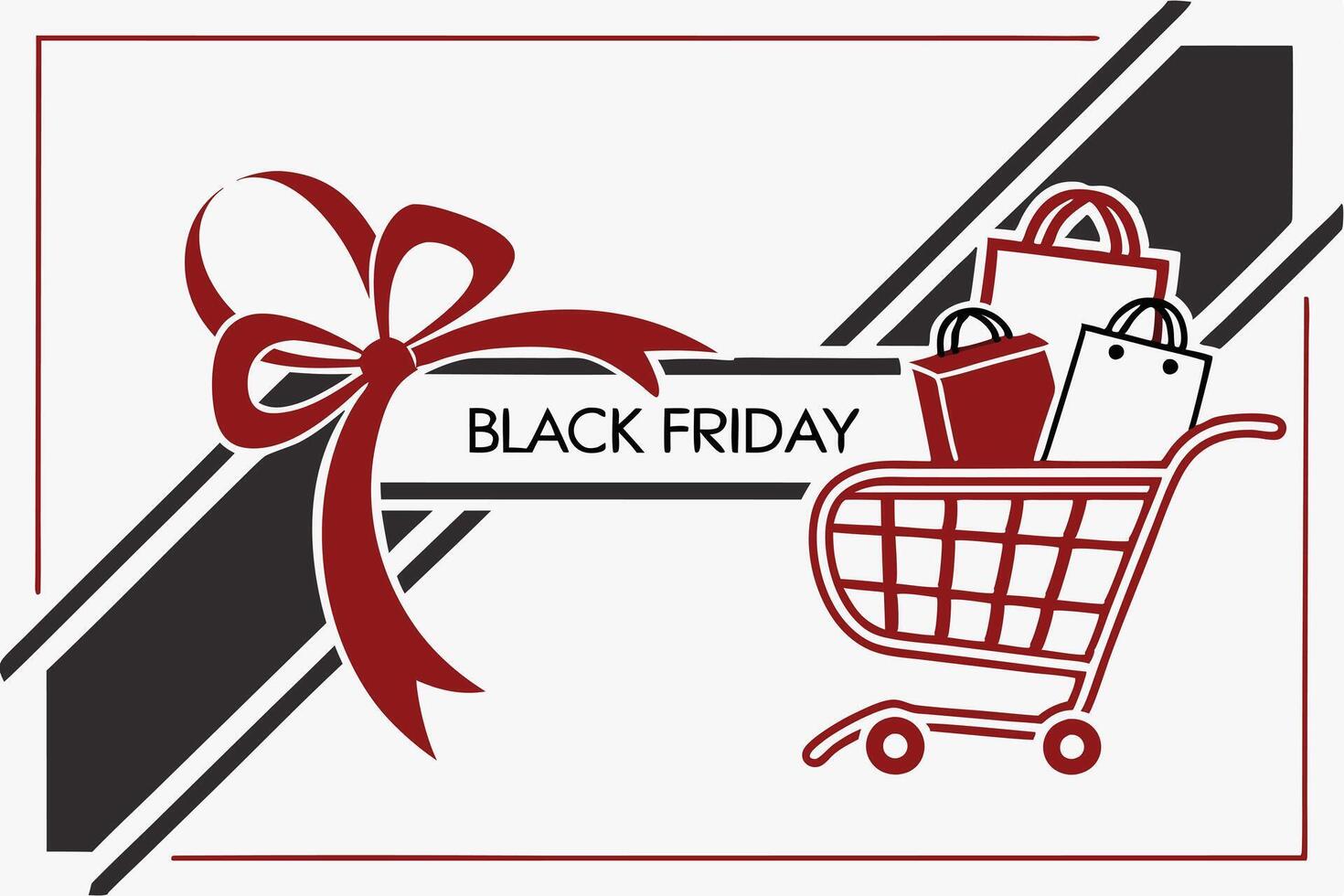 Stylish Black Friday Shopping Design with Ribbon, Cart, and Bags on White vector
