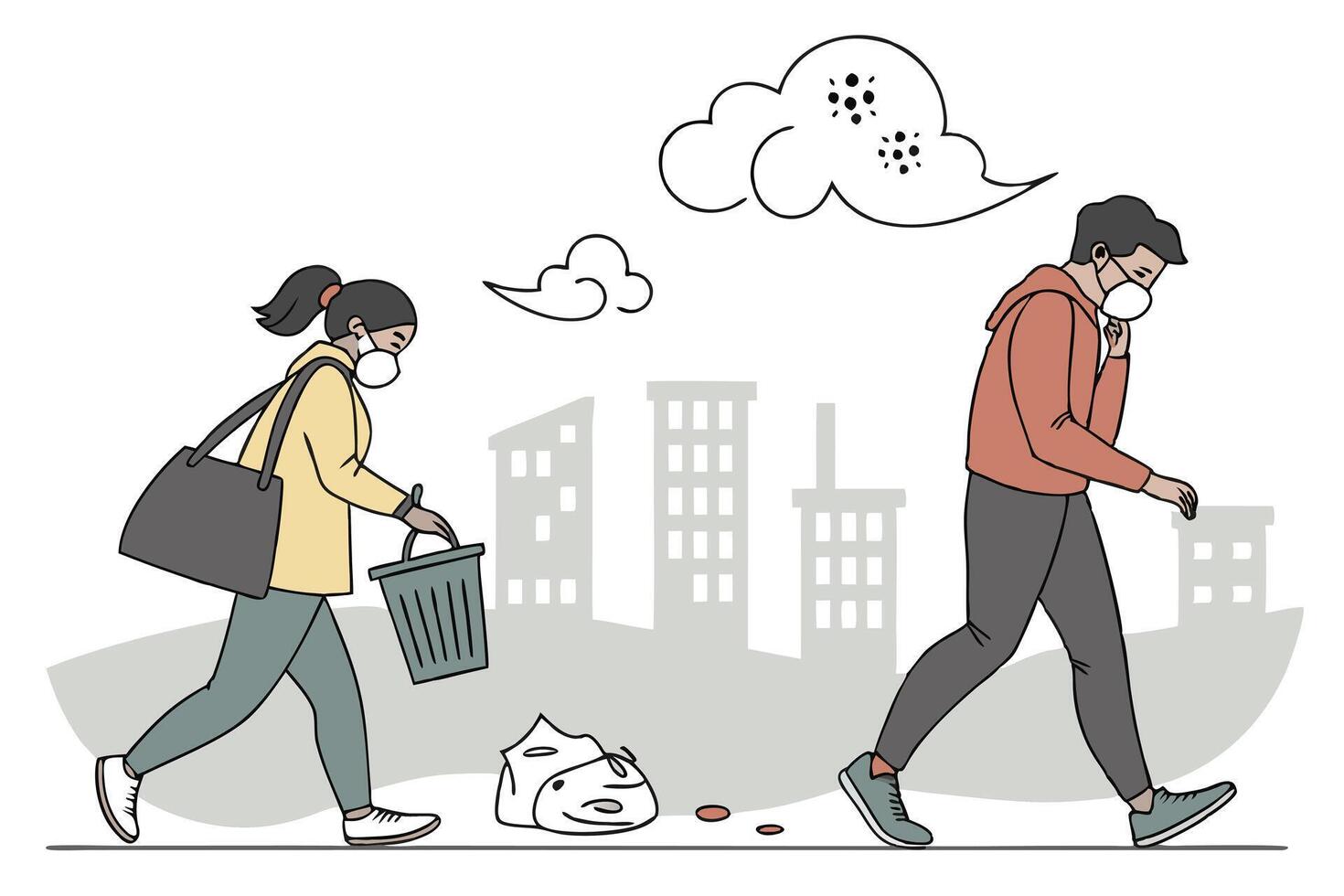 Cartoon Woman Carries Trashcan, Man Walks Masked in City during Pandemic, Pollution vector