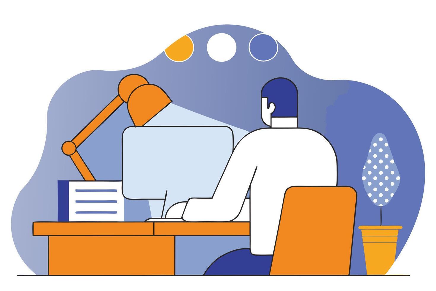 Back View of Man on Chair Working at Desk with Lamp and Plant vector