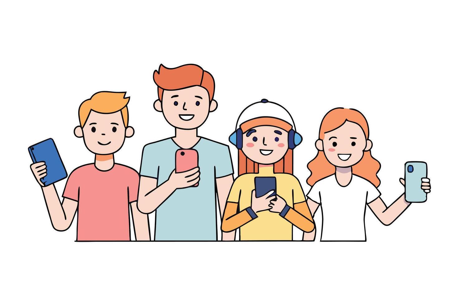 Group of Diverse Young People Using Mobile Phones on White Background vector