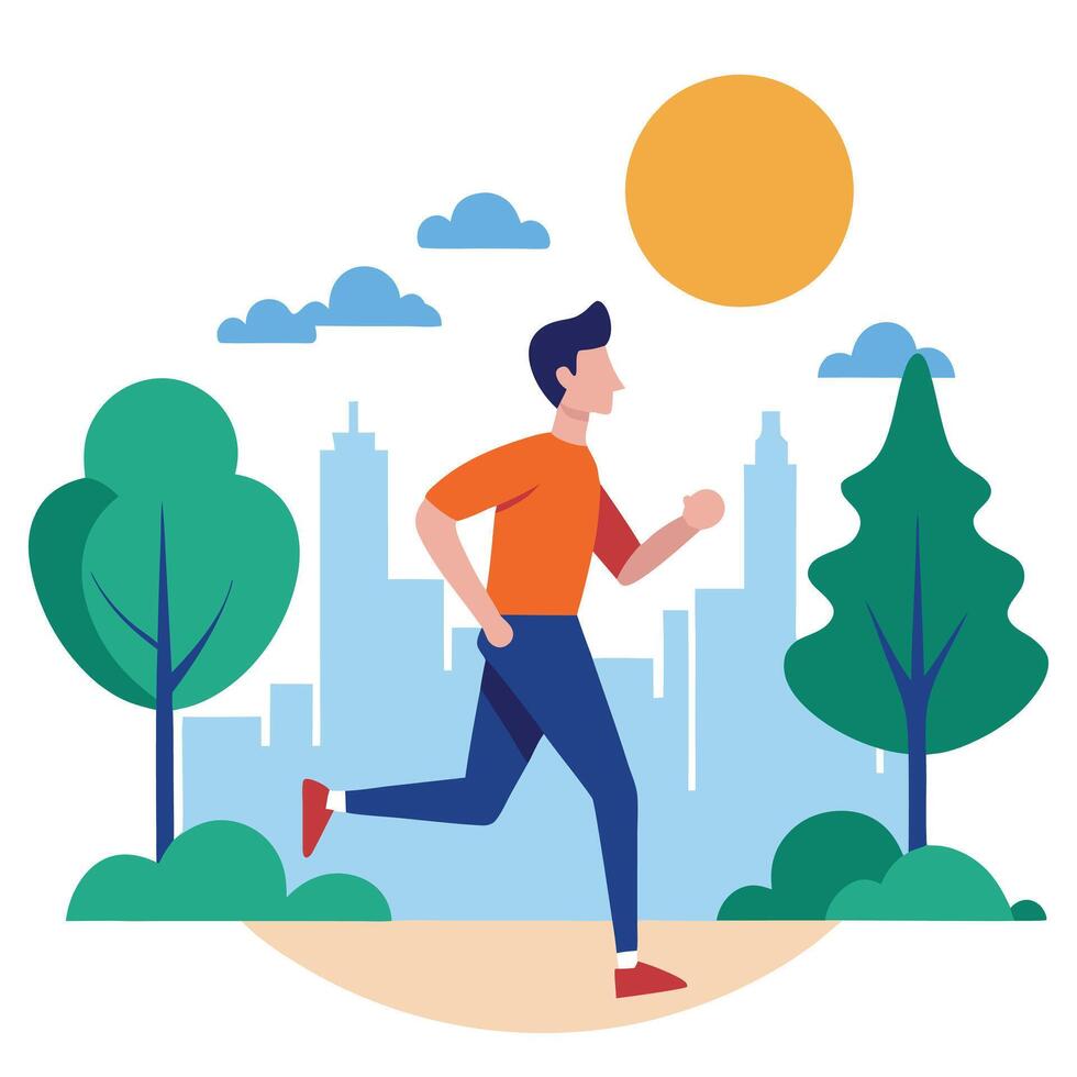 Isolated Man Running Outdoor with Cityscape Silhouette and Sun in Minimalist Style vector